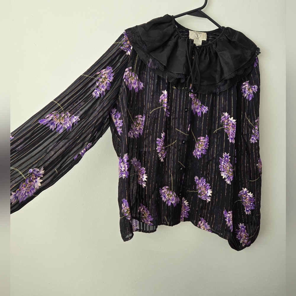 Vintage Valentino Studio By Jack Mulqueen 100% Silk Floral Ruffle Blouse - Picture 2 of 9